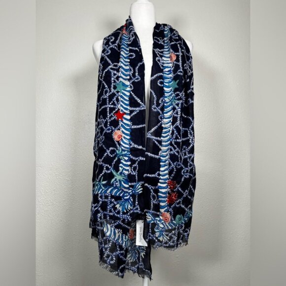 Vera Bradley navy spring tide nautical shell fringe scarf new with tags - Picture 3 of 6